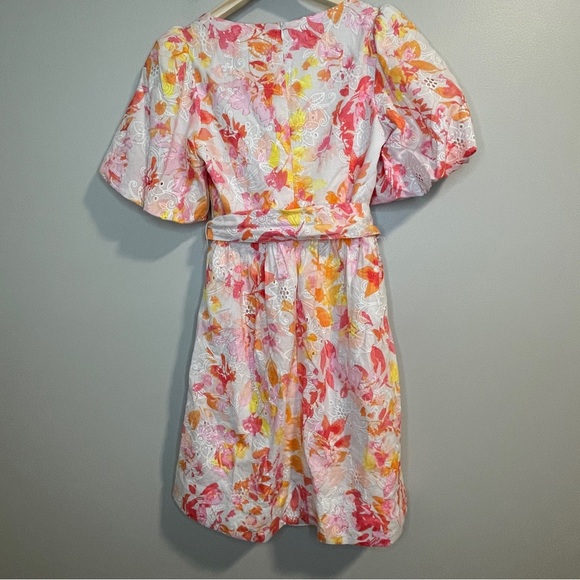 ELIZA J Floral Eyelet Square Neckline Puff Sleeve Mini Pink Dress Size 2 - Picture 2 of 6